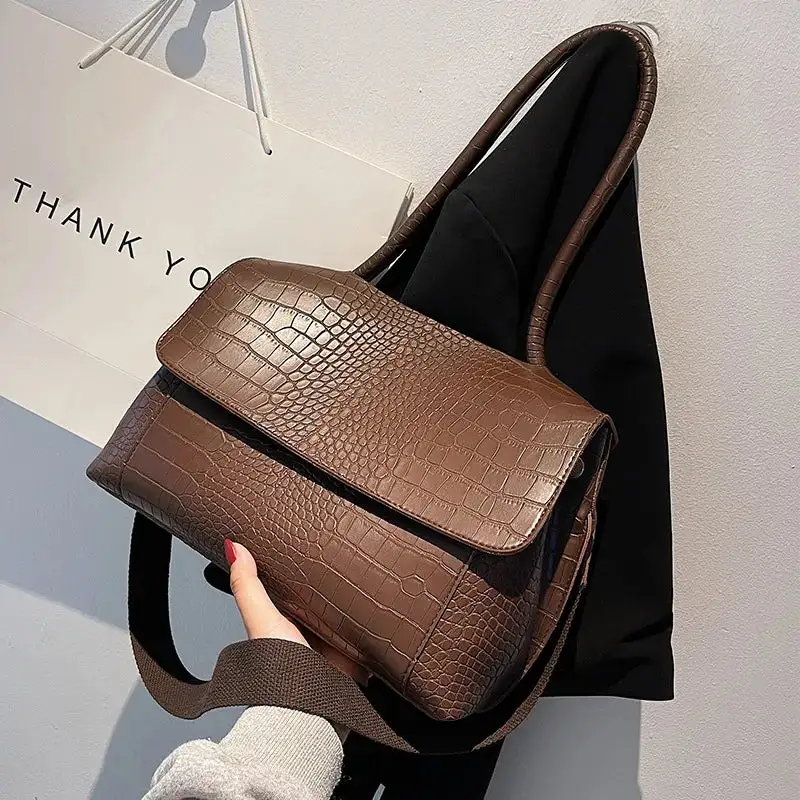 Chic Espresso Croc Embossed Shoulder Bag