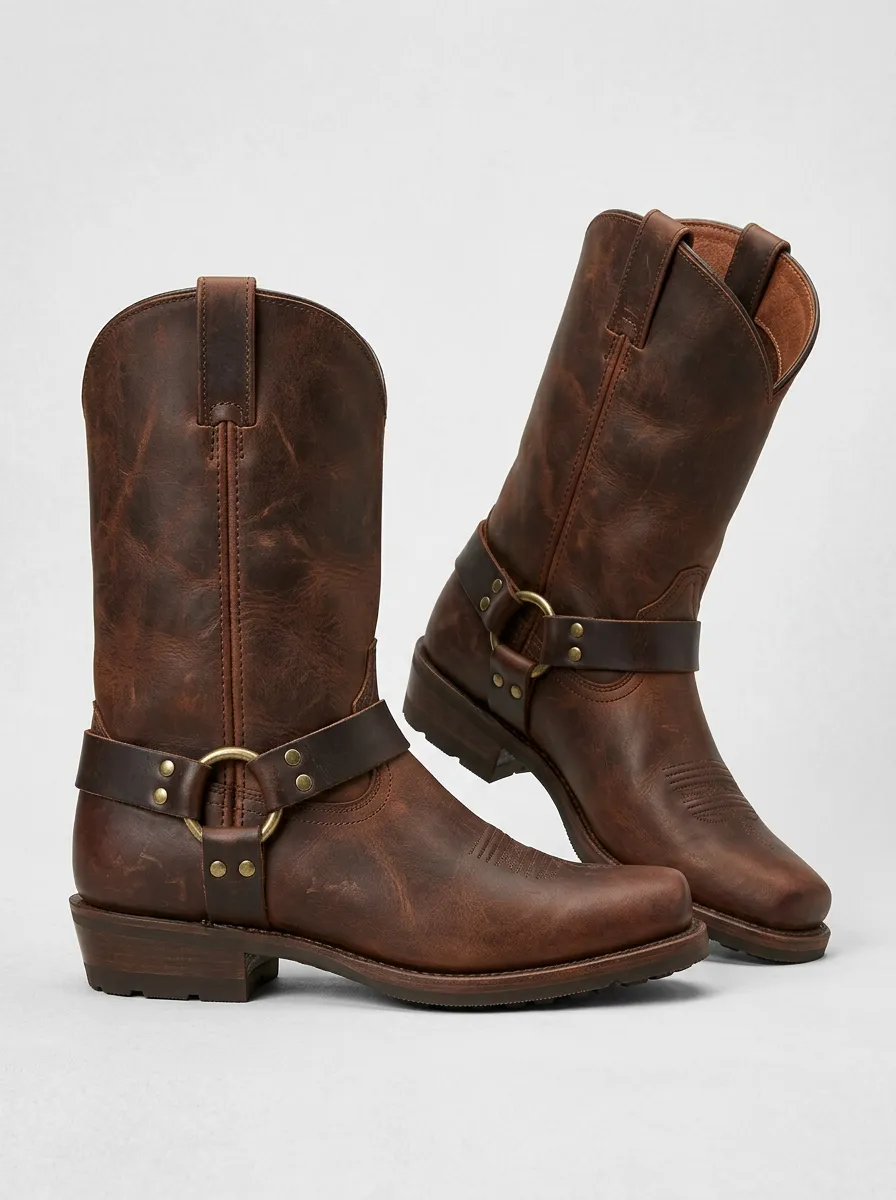 Men's Western Cowboy Brown Leather Harness Printed Boots