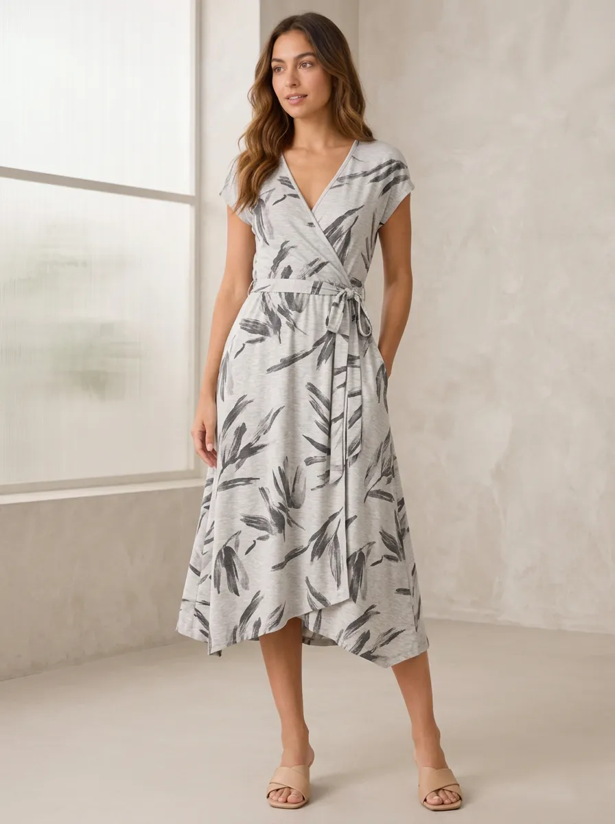 Women's Casual Style Grey Leaf Printed Wrap Dress
