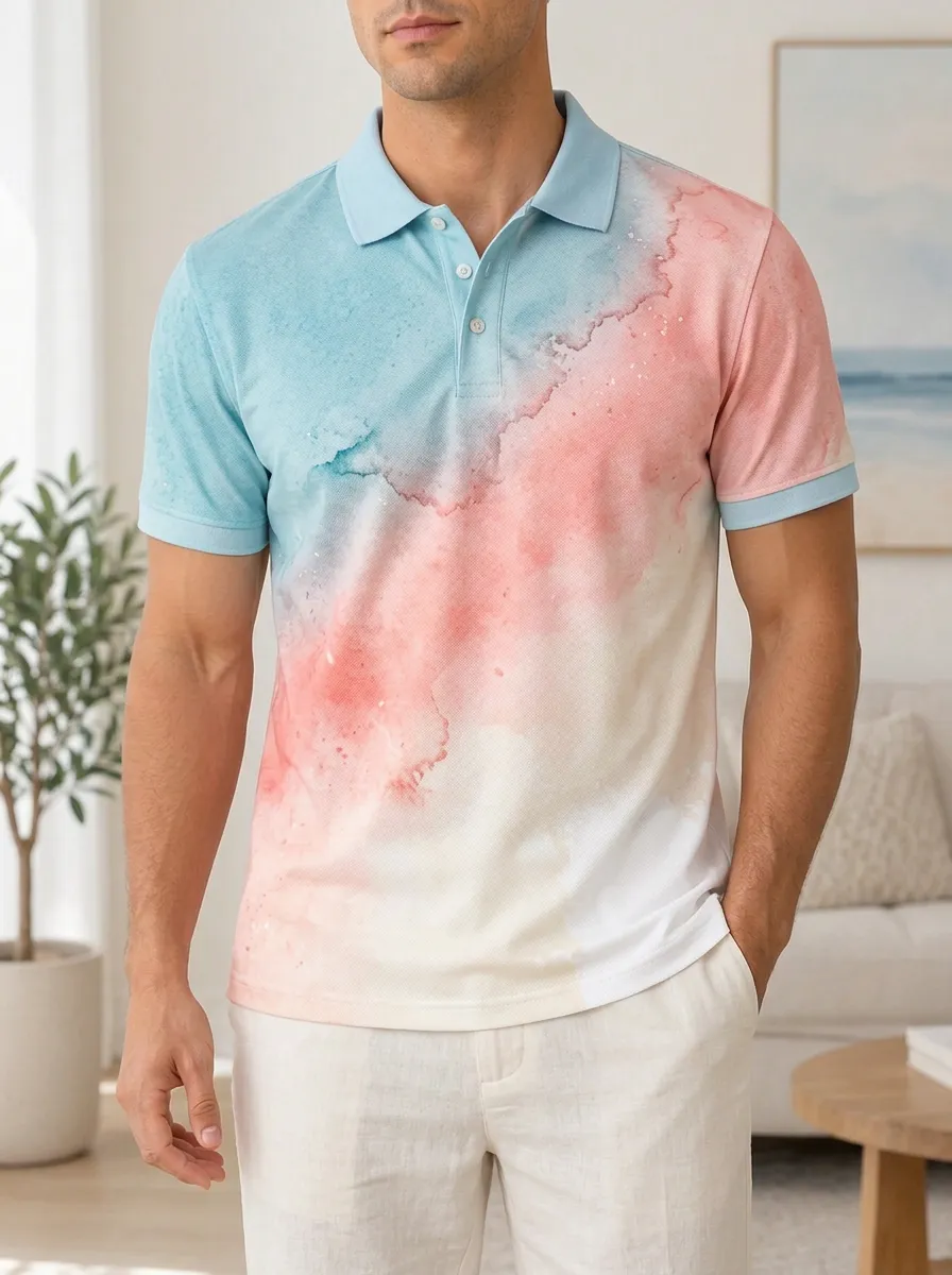 Men's Watercolor Gradient Blue Pink Printed Polo Shirt