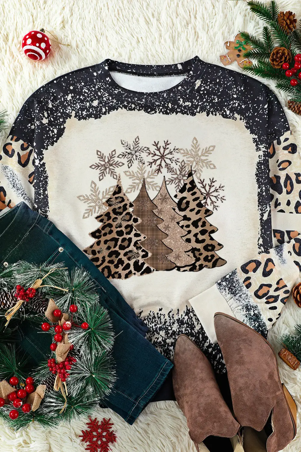 PRAY Letter Leopard Bleached Color Block Sweatshirt