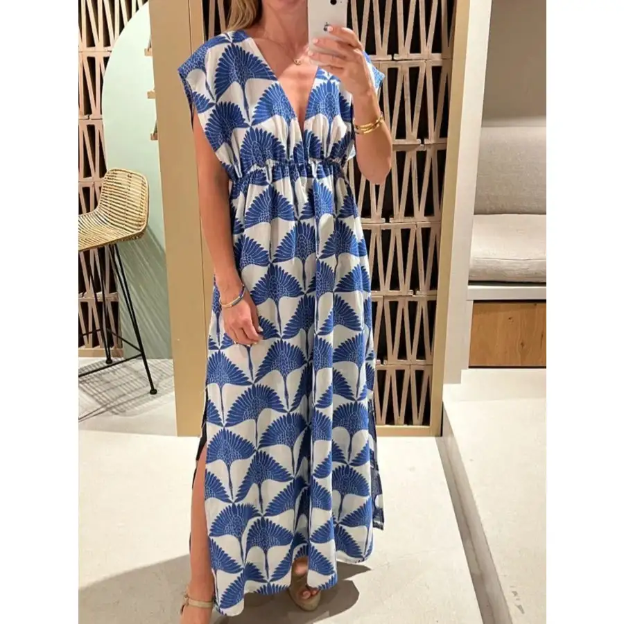 Slit Printed V Neck Cap Sleeve Maxi Dress