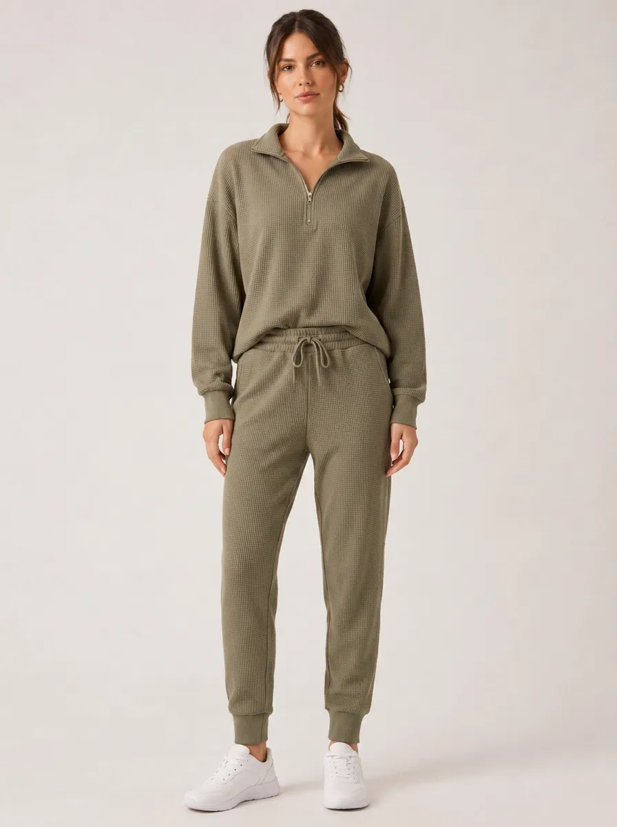 Women's Casual Lounge Olive Waffle Knit Quarter-Zip Jogger Set