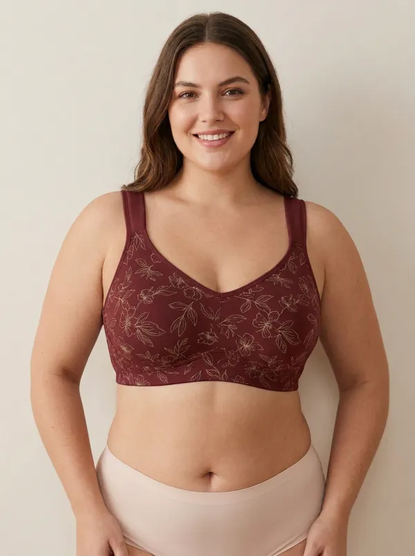 Women's Plus Size Blush Floral Outline Full-Coverage V-Neck Wireless Bra