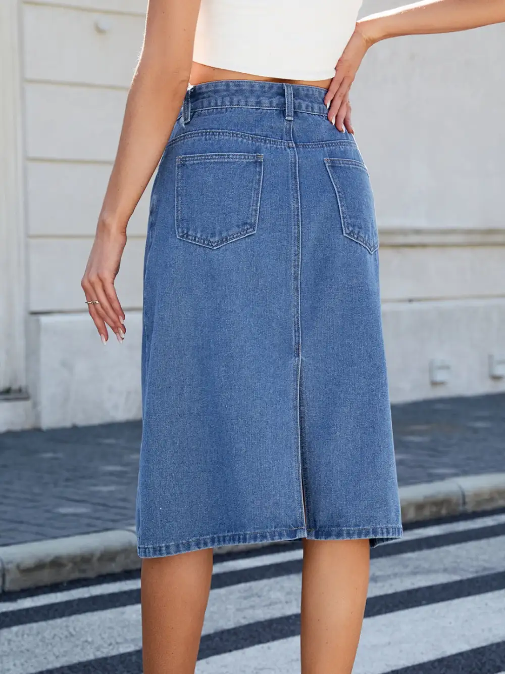 Denim Side Slit Midi Skirt