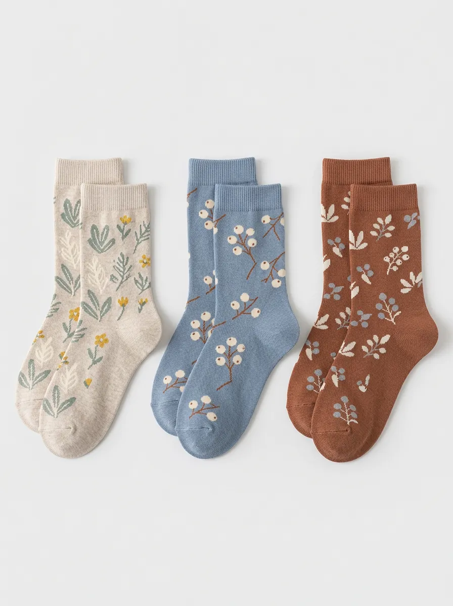 Women's Three-Pair Floral Berry Botanical Crew Sock Set