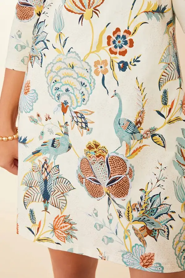 White Bird Print Half-Zip Midi Dress