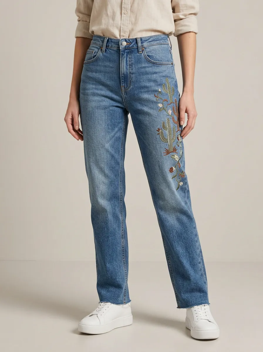 Women's Desert Lover Cactus Embroidered Straight Leg Jeans