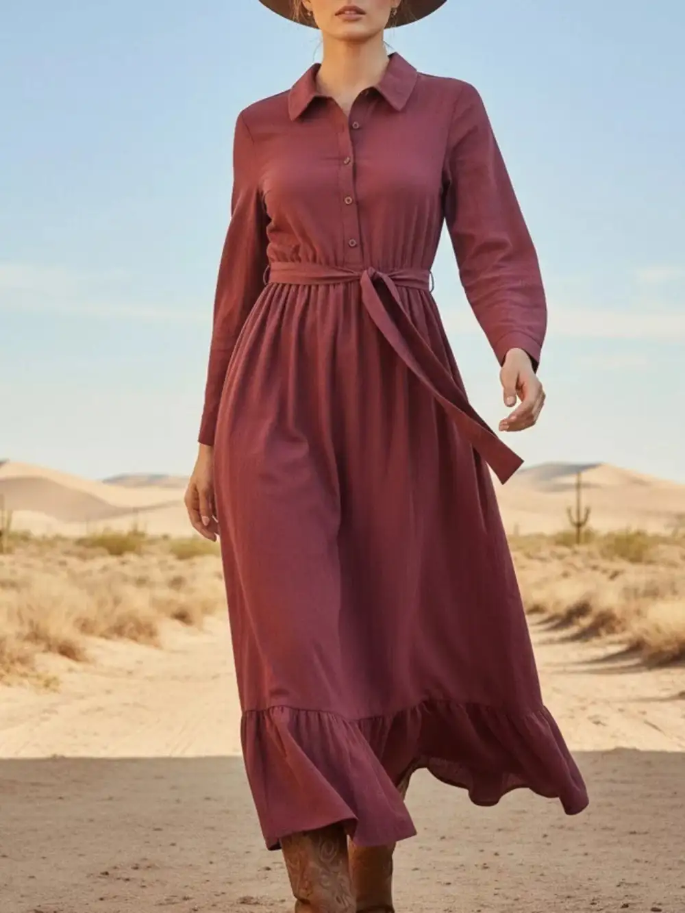 Tie Waist Ruffle Long Sleeve Dress Casual
