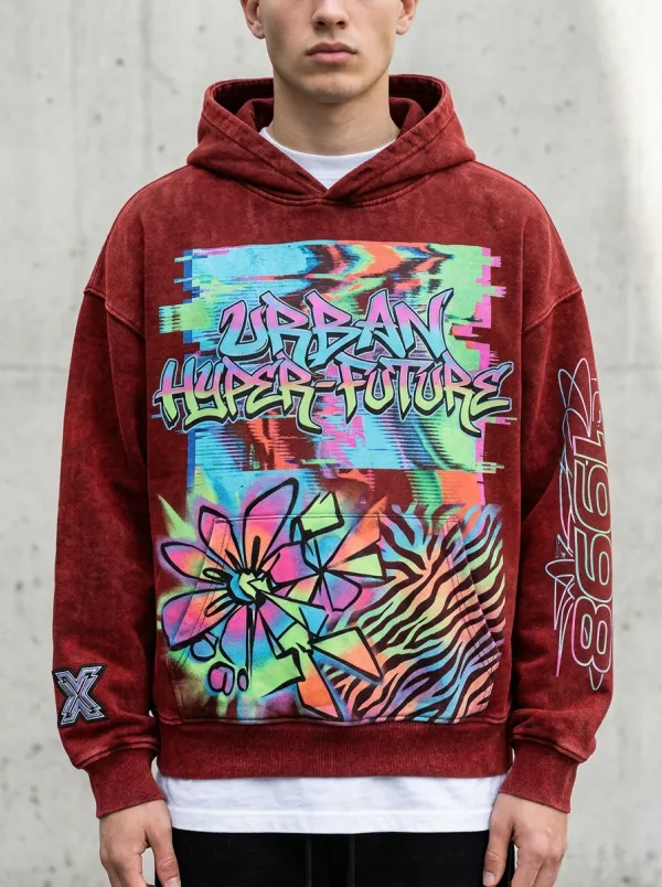 Men's Streetwear Graffiti Floral Glitch Hoodie