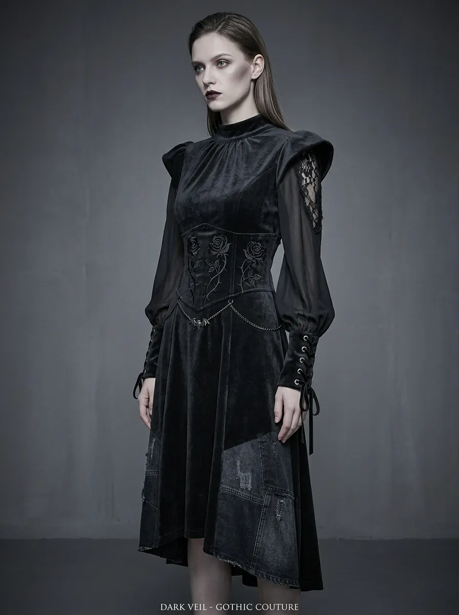 Women's Gothic Rose Embroidery Lace Sleeve Velvet Printed Top