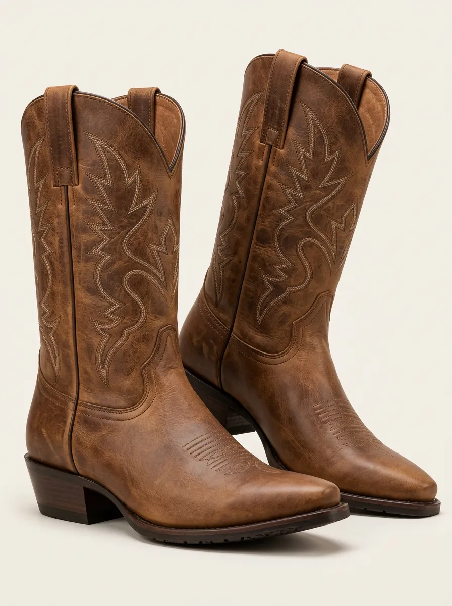 Men's Brown Western Print Boots with Stitched Accents