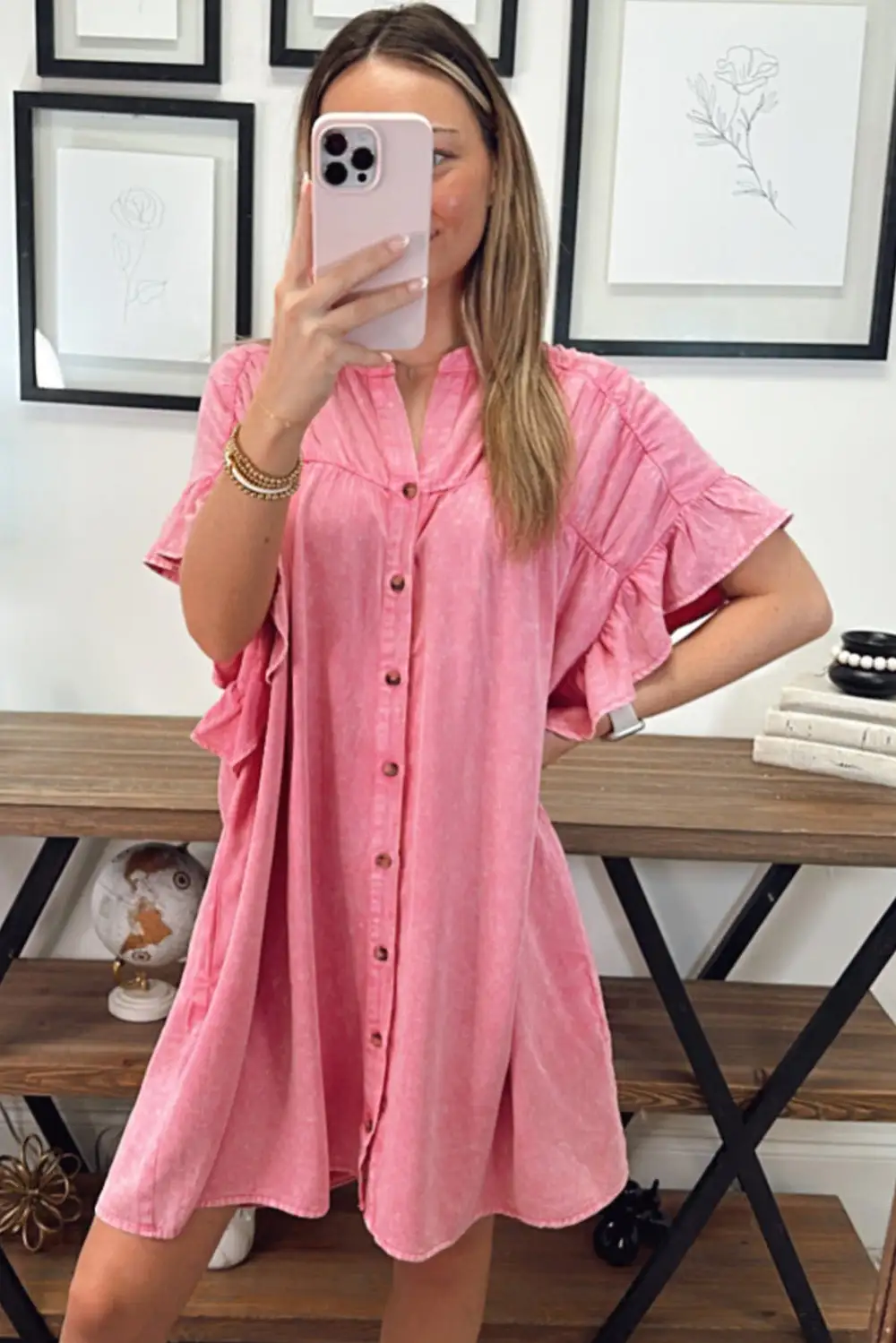 Ruffled Short Sleeve Buttoned Denim Mini Dress