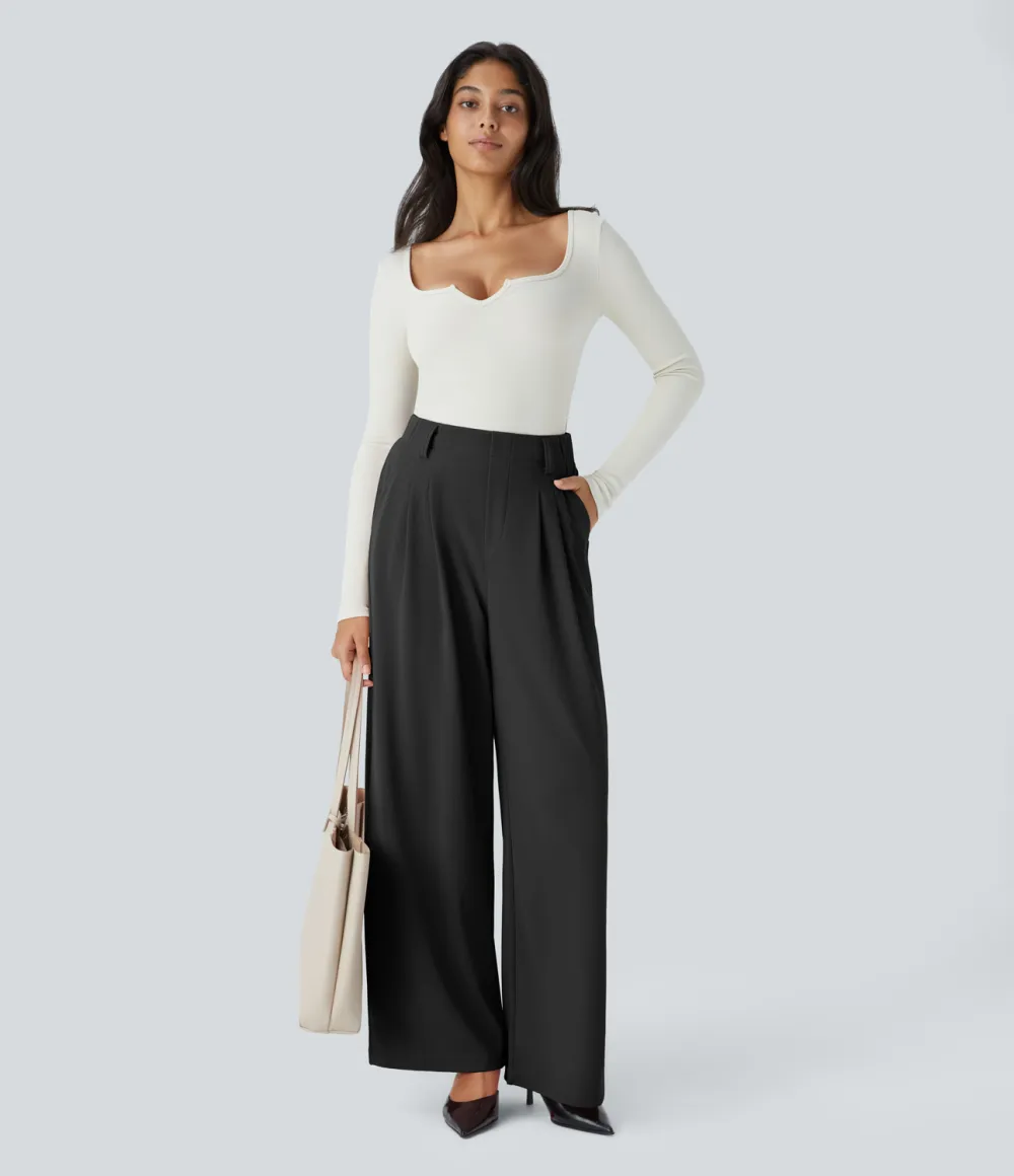  High Waisted Plicated Side Pocket Wide Leg Waffle Work Pants