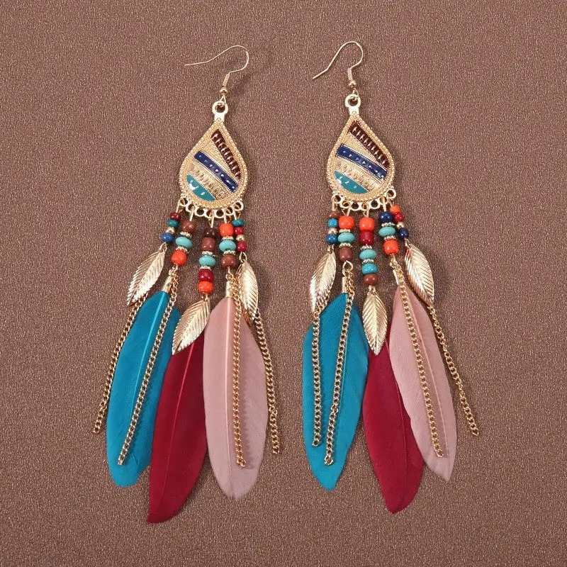 Feather Beaded Tassel Drop Earrings