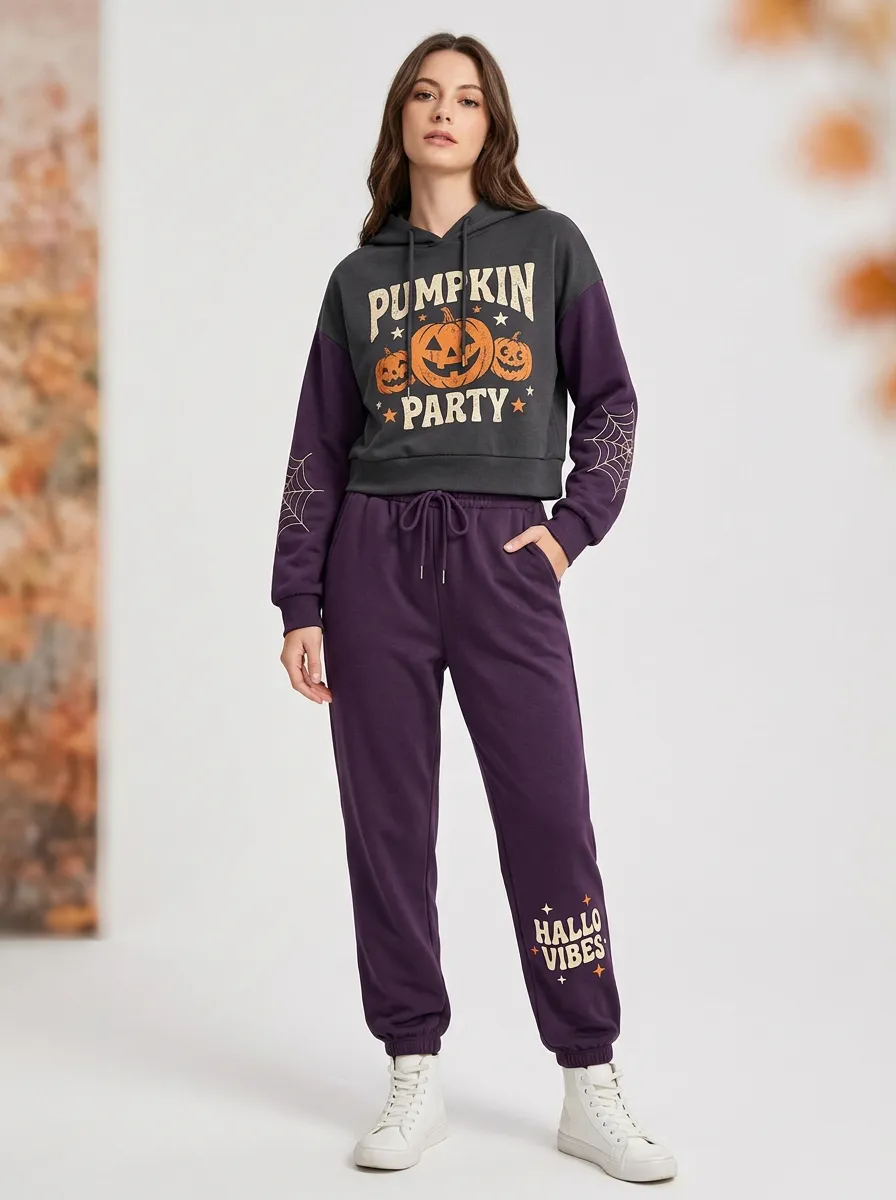 Women's Halloween Pumpkin Party Spiderweb Printed Jogger Set