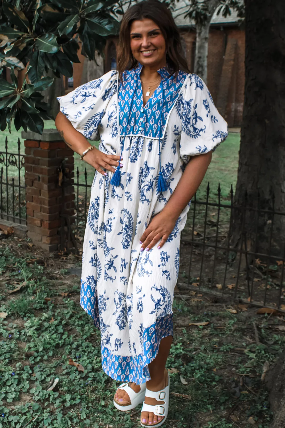 Blue Abstract Tie Neck Dress