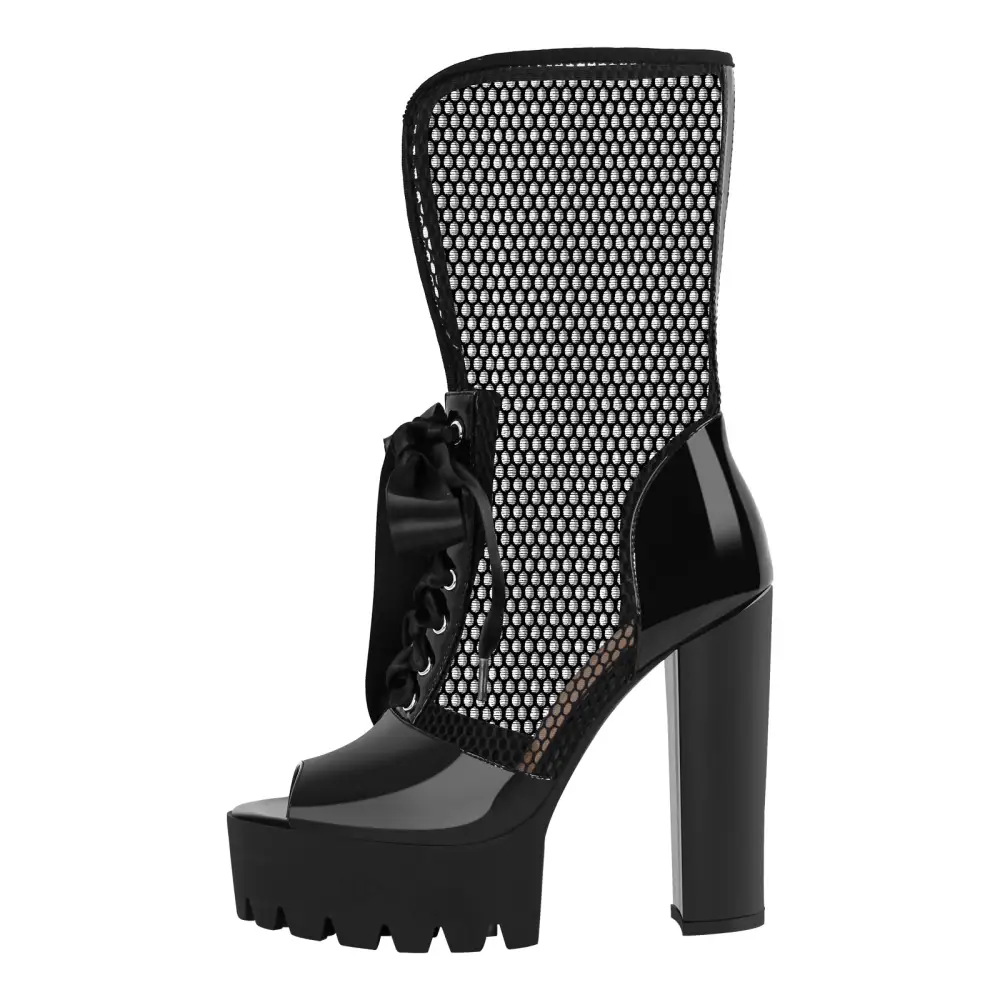 Peep Toe Mesh Platform Lace Up Boot Sandals