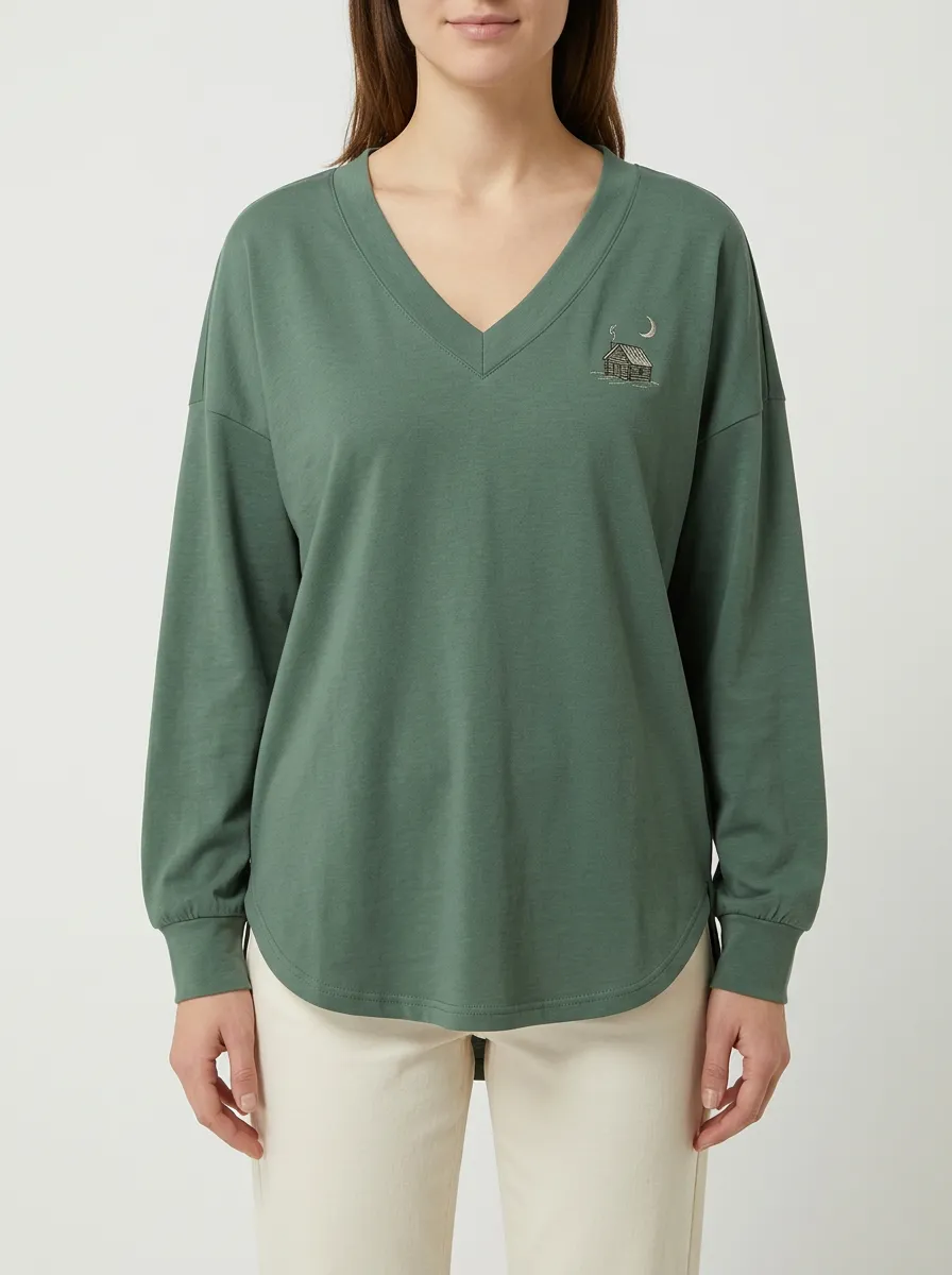 Women's Moon Embroidered V-Neck Long-Sleeve Top