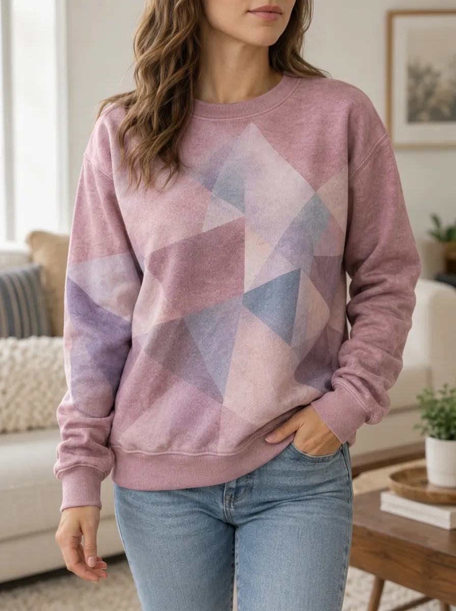 Women's Dusty Rose Geometric Print Crewneck Sweatshirt Geometric