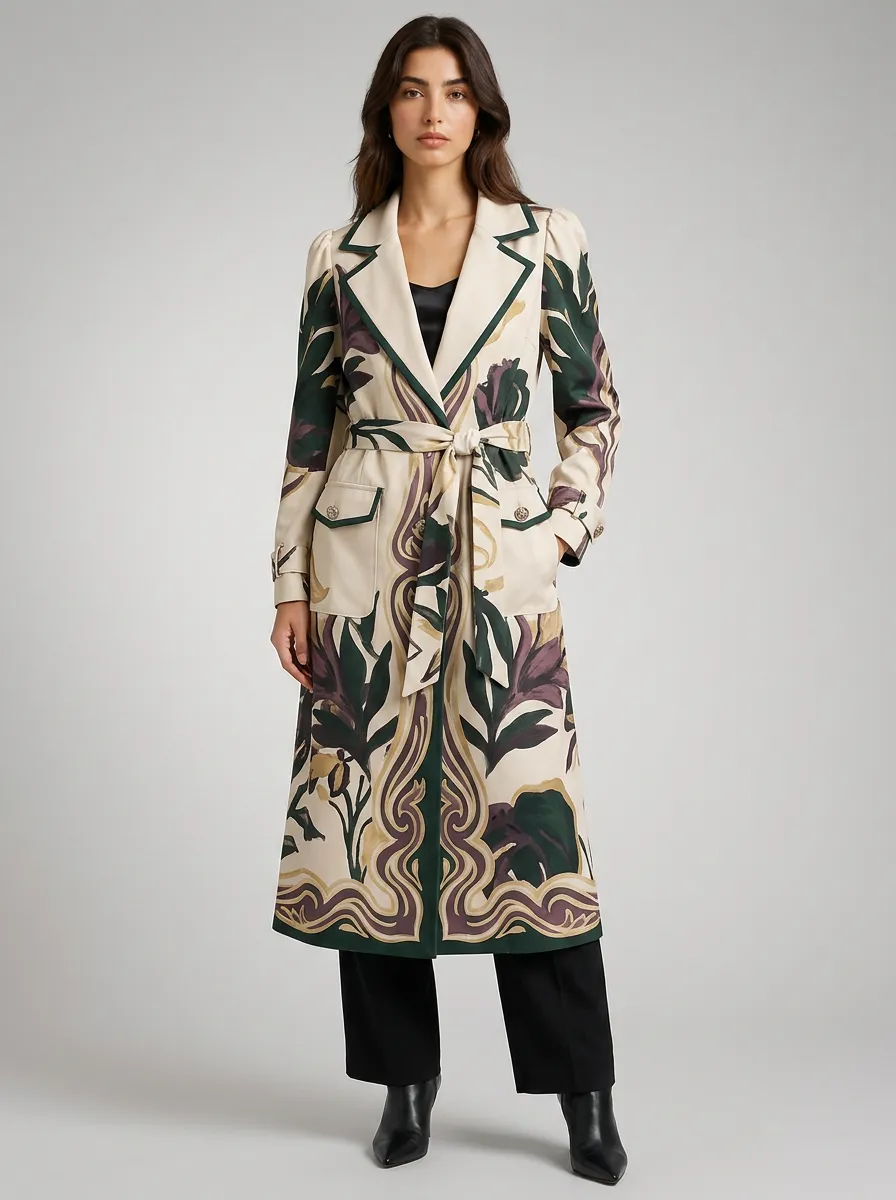 Women's Vintage Floral Botanical Printed Trench Coat