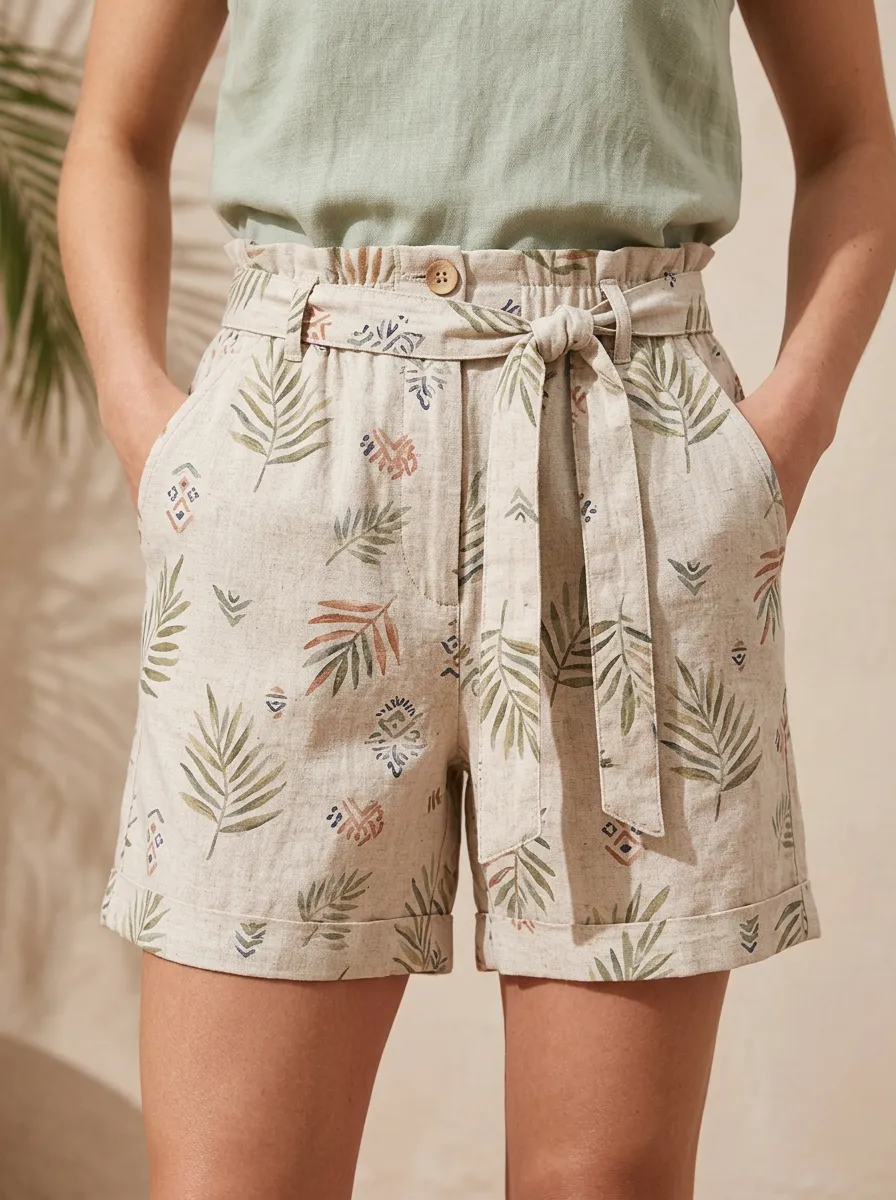 Women's Boho Tropical Leaf Geometric Printed Linen Shorts