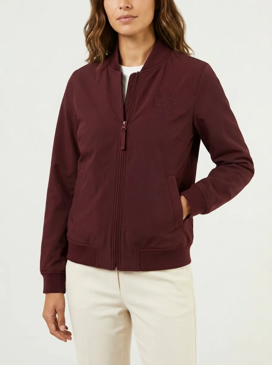 Women's Minimalist Floral Embroidery Navy Bomber Jacket