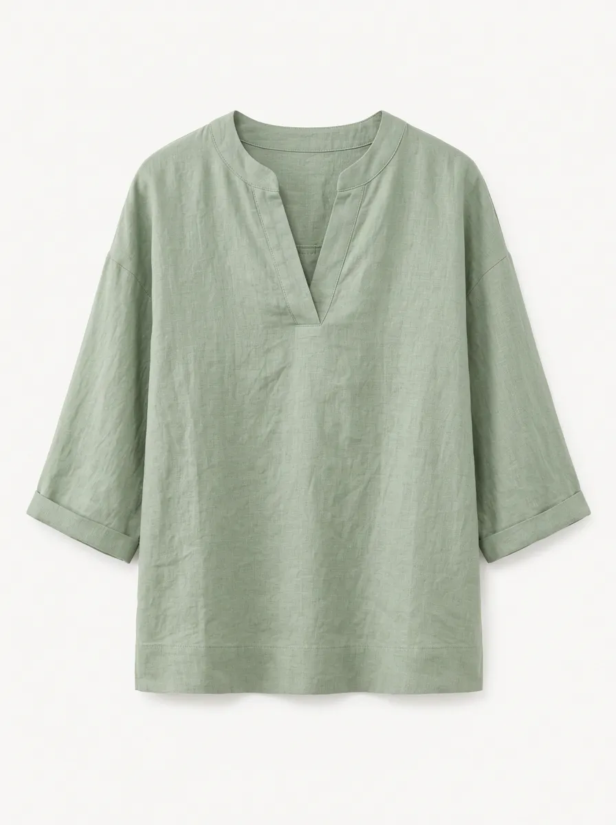 Women's Sage Green V-Neck Rolled Sleeve Linen Blend Top