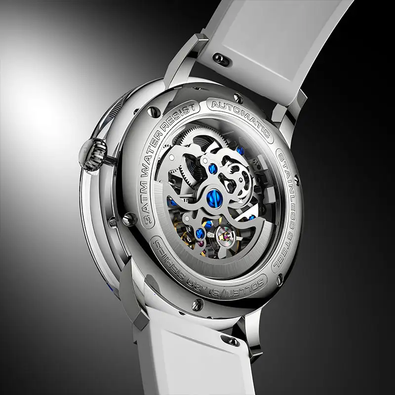 Sollen SL320 Men's Full Skeleton Automatic Mechanical Watch - 42mm K9 Glass Case Sandblasted Open Dial Fluororubber Strap Wristwatch
