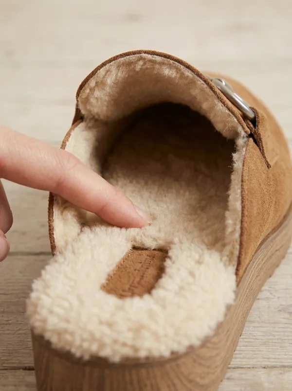 Women's Faux Fur Lined Buckle Detail Platform Casual Suede Wood Sole Loafers