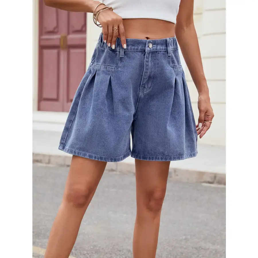 Ruched Half Elastic Waist Denim Shorts