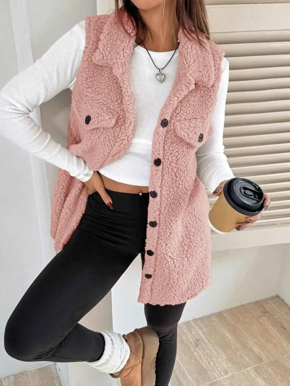 Button Down Sherpa Fleece Vest Coat