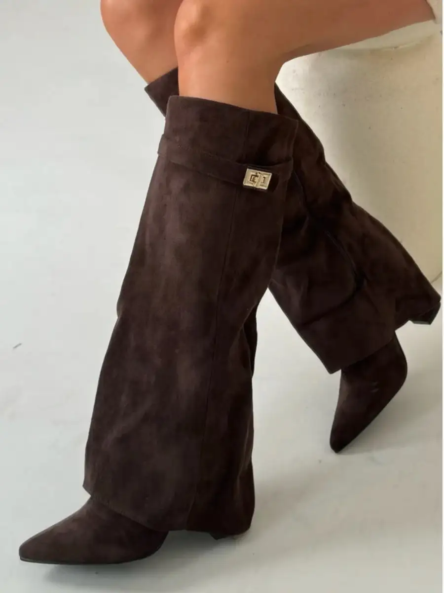 Knee Tall Boots Wide Flare Top Block Heel