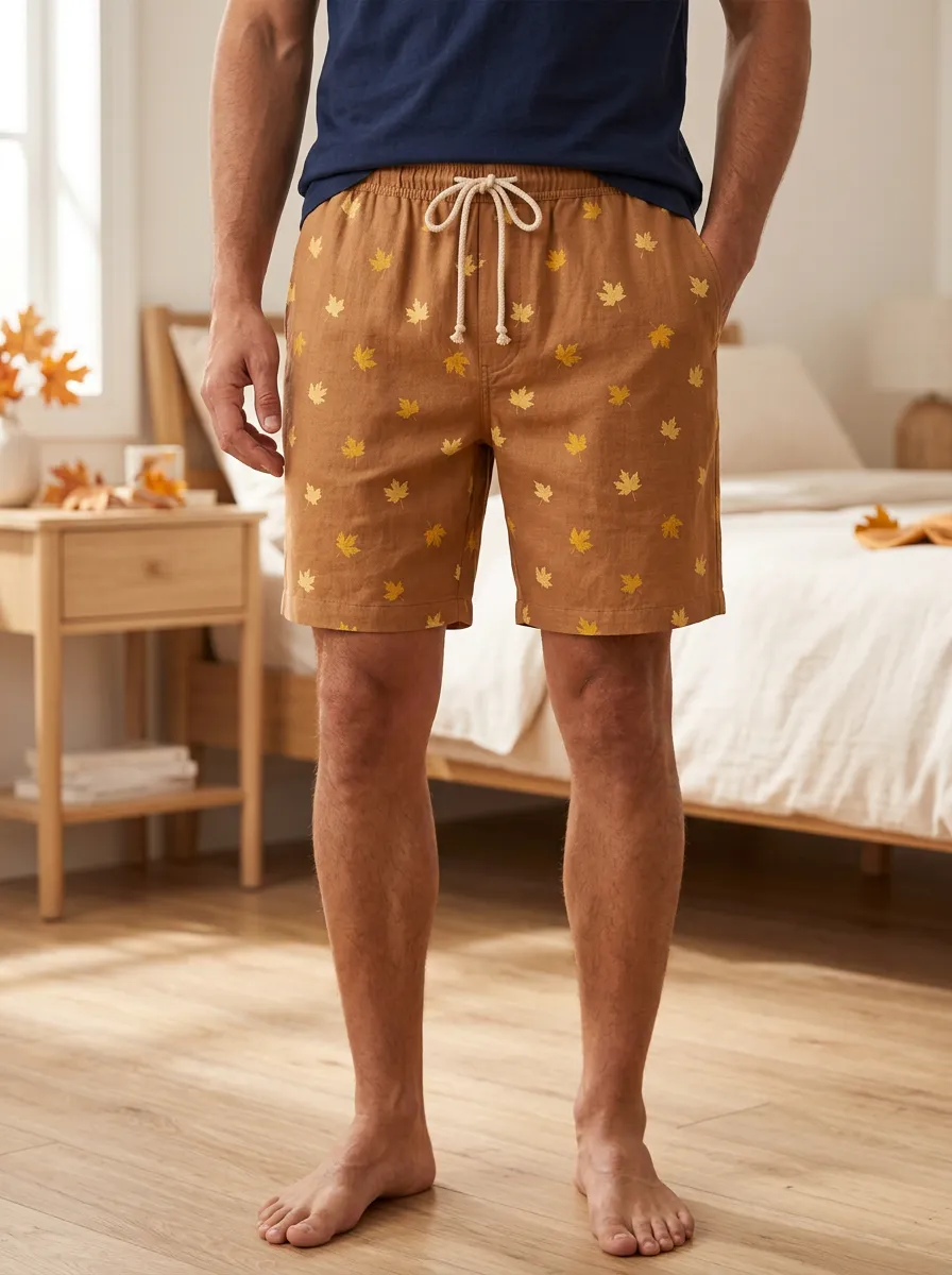 Rust Maple Leaf Print Drawstring Braided Drawstring Shorts