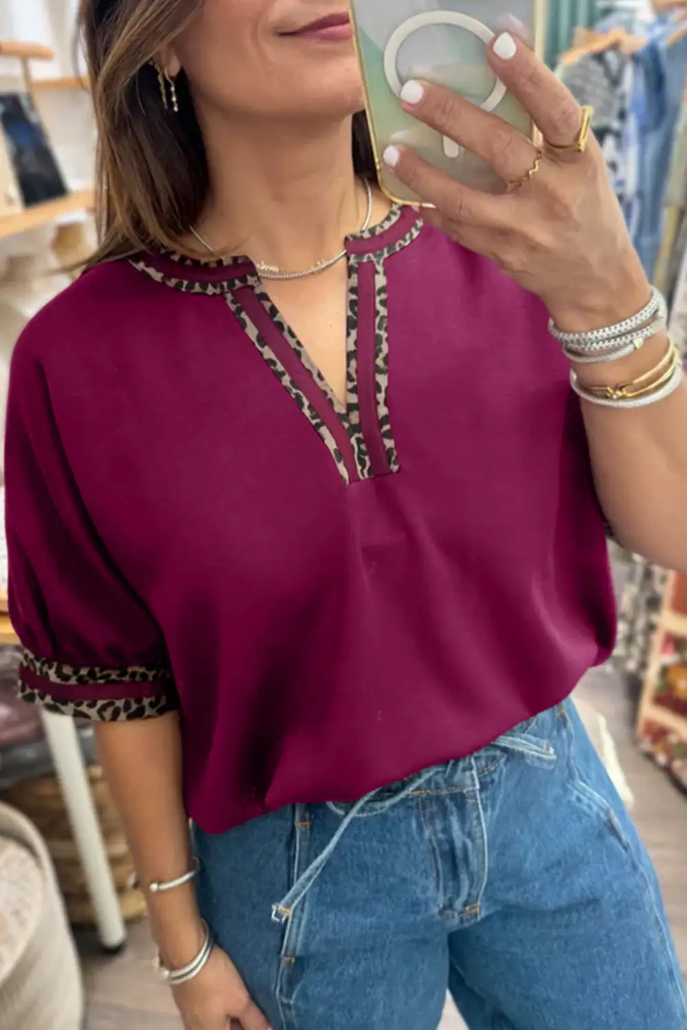 Women's Leopard Print V Neck Contrast Detail Top