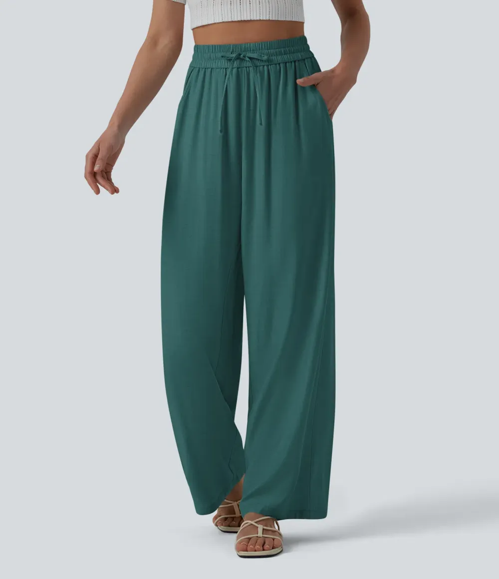 2026🔥High Waisted Drawstring Wide Leg Casual Linen-Blend Trousers with Pockets