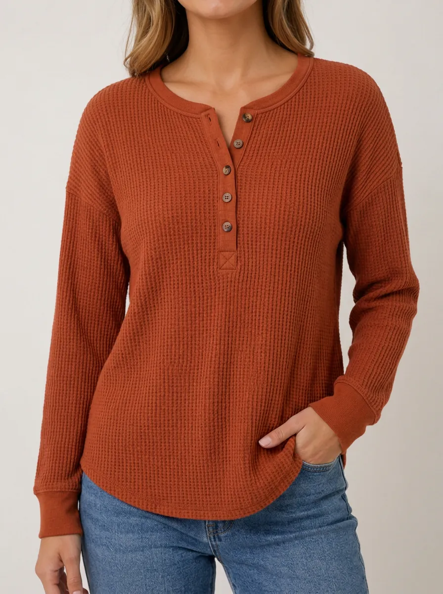 Textured Casual Rust Waffle Knit Button Down Henley Top