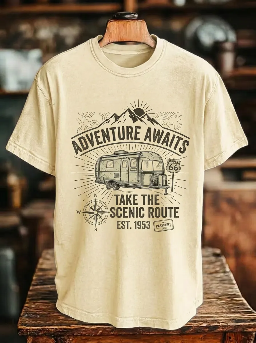 Unisex Adventure Camper Route 66 Mountain Compass Printed T-shirt