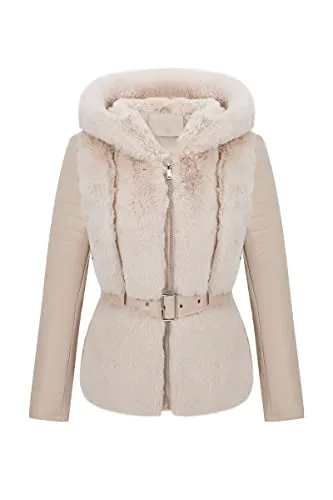 Women Faux Leather Jacket Short Belted Fall Winter Fashion Warm Casual Moto Biker Coat Shaggy Fur Hooded Outwear