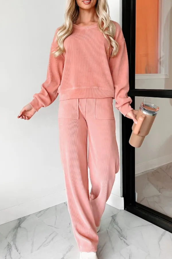 Refined Round Neck Long Sleeve Top And Pants Set