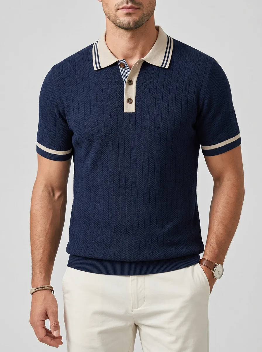 Men's Casual Vintage Herringbone Knit Contrast Trim Polo Shirt