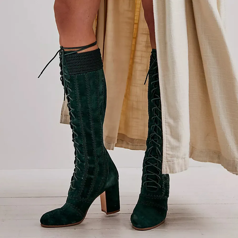 Faux-Suede Lace-Up Zip-Up Round-Toe Knee-High Boots