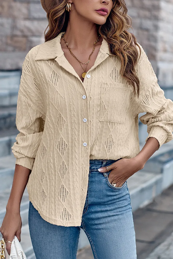 Eyelet Cable Button Shirt Blouse
