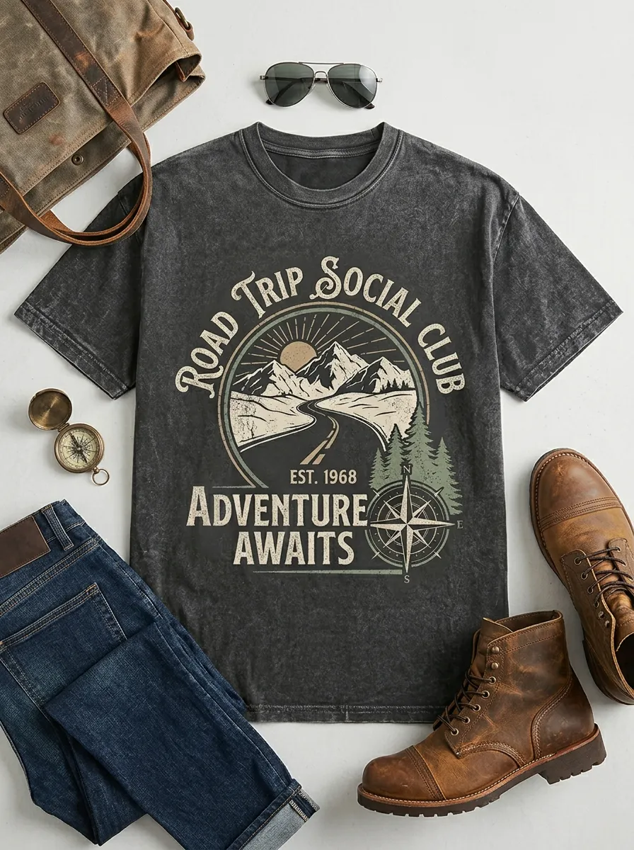Unisex Road Trip Adventure Mountain Compass Printed T-shirt