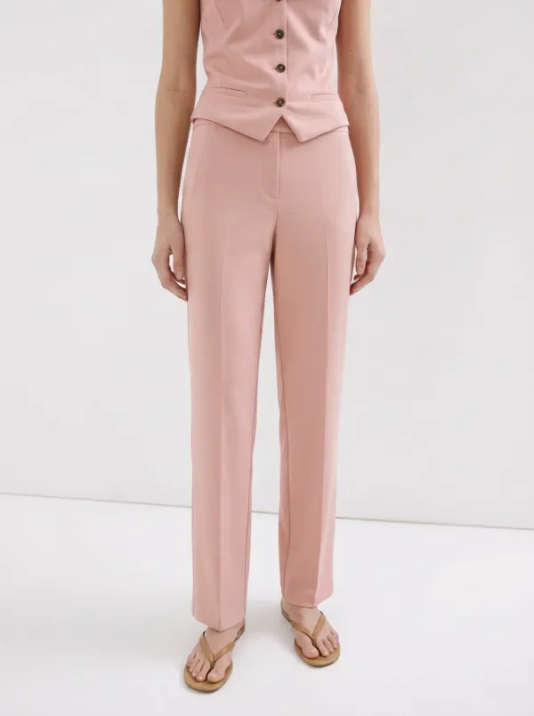 Women's Minimalist Beige Solid Color Mid-Rise Straight Leg Trousers