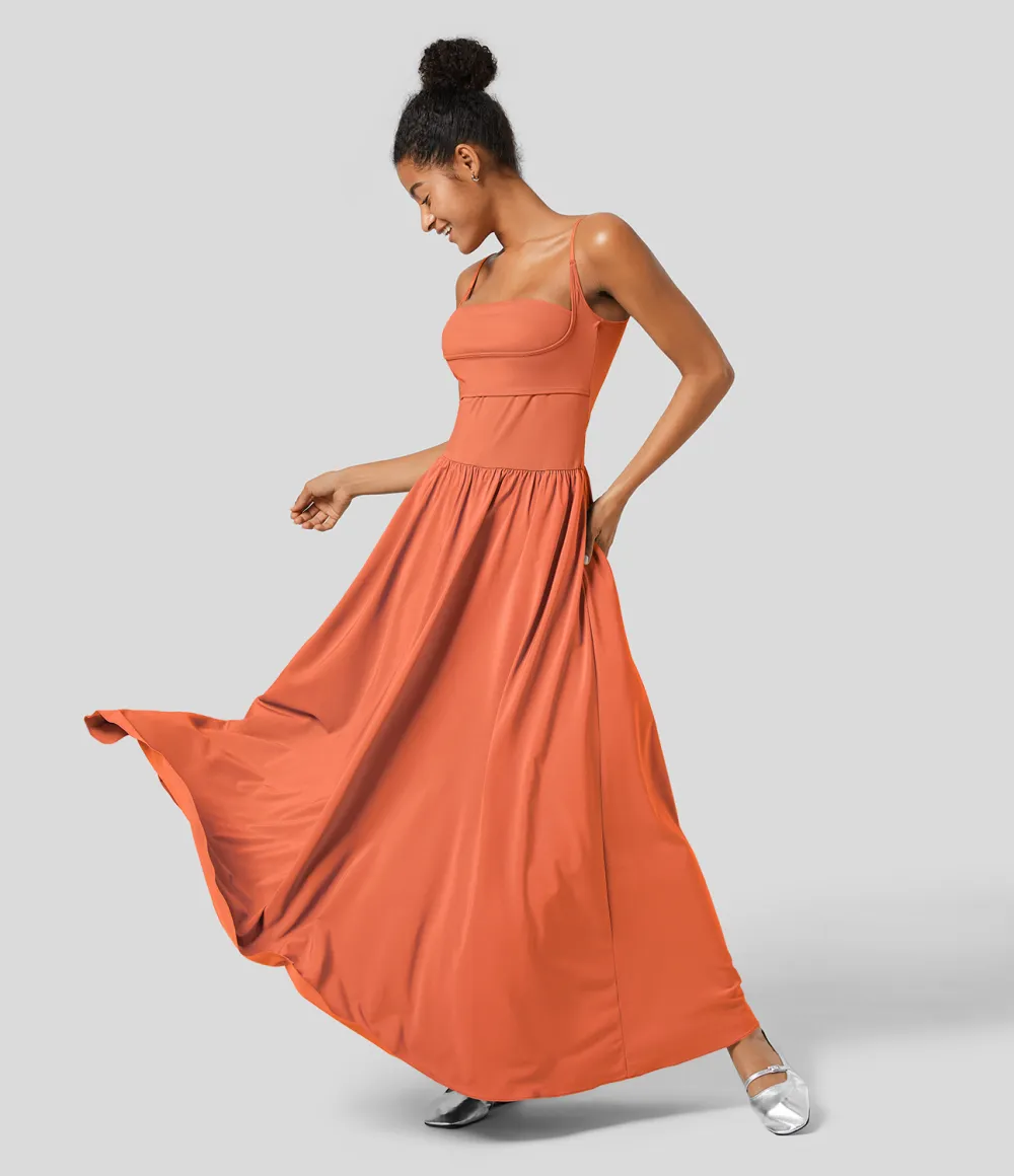 Breezeful Backless Side Pocket Plicated Flowy Flare Maxi Quick Dry Casual Slip Dress