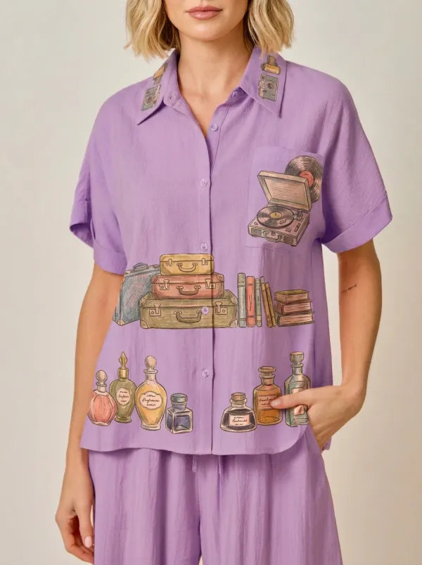 Women's Vintage Aesthetic Record Player Suitcase Perfume Printed Shirt