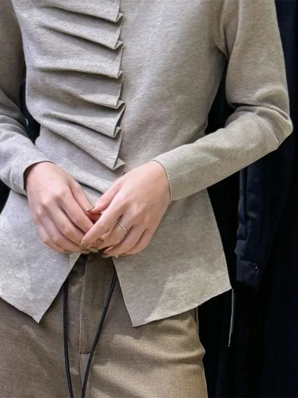 Pleated High Neck Long Sleeve Pullover Sweater