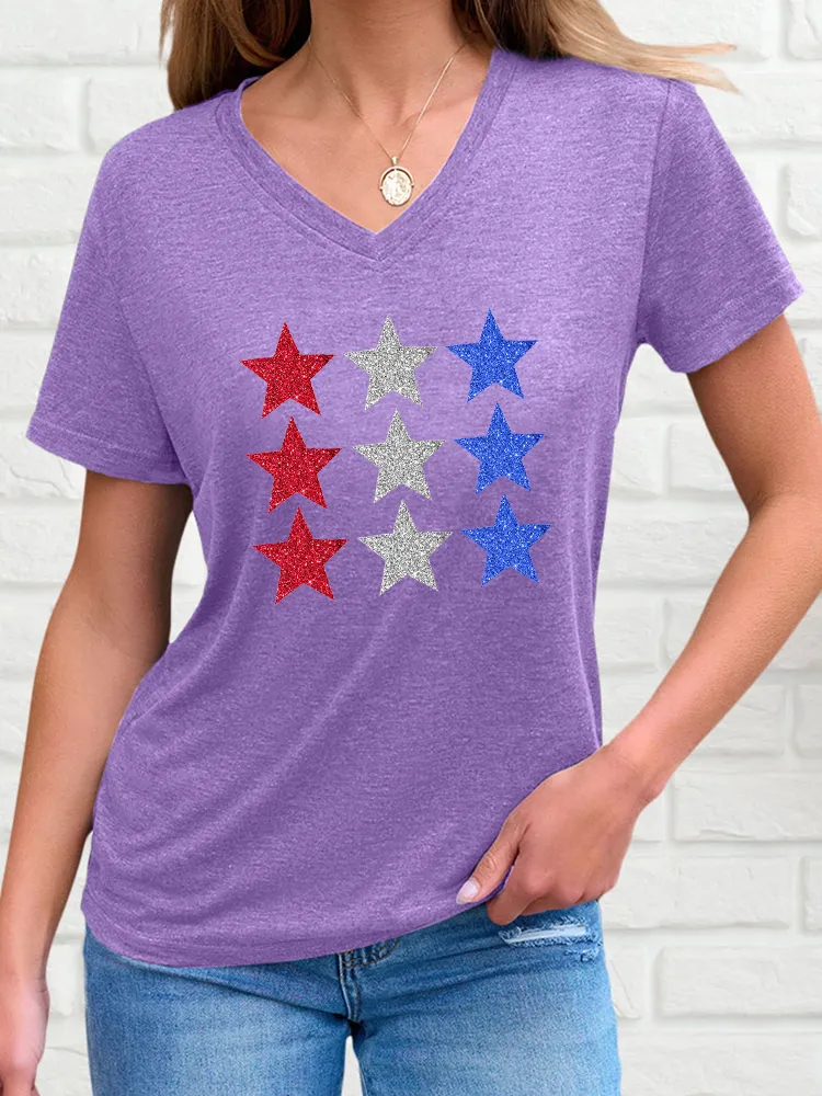Star Pattern V-Neck Short-Sleeve T-Shirts