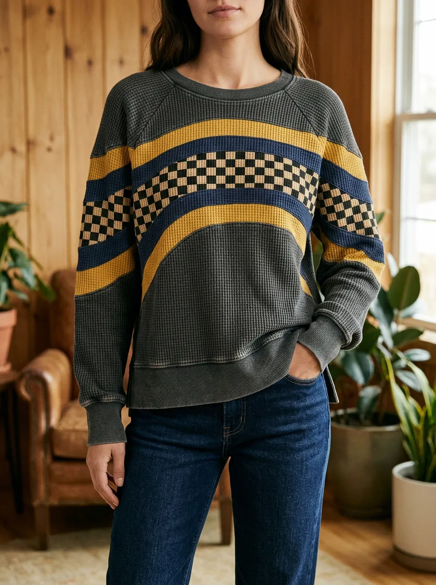 Women's Retro Checkered Striped Pattern Printed Waffle Knit Sweatshirt